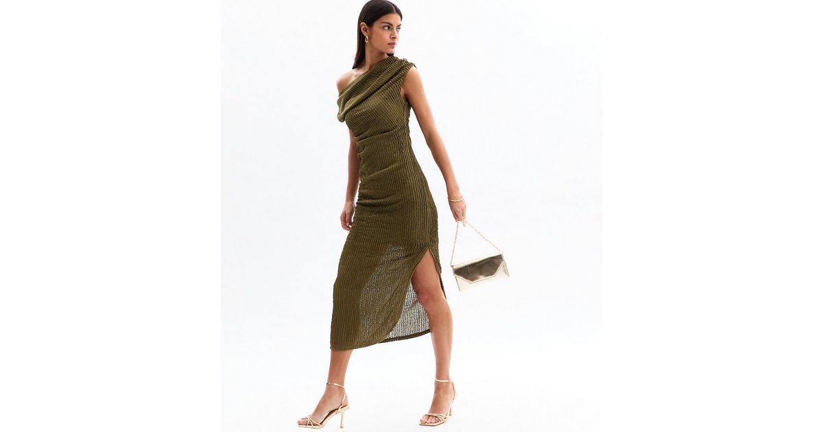 knee length dresses for ladies Green Abstract Mesh Bardot Ruched Midi Dress