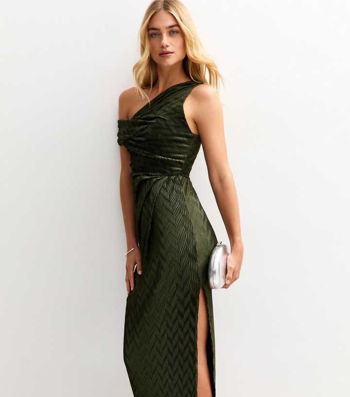 Khaki Textured One Shoulder Slit Hem Midi Dress
