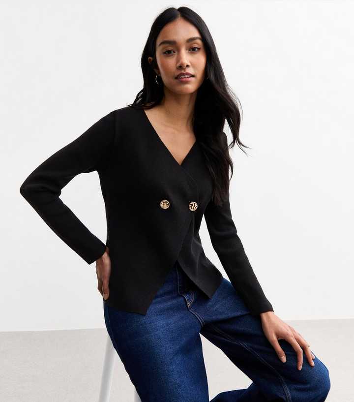 Black Compact Knit Asymmetrical Wrap Cardigan 