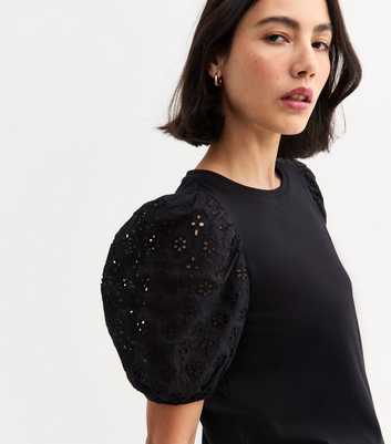 Black Broderie Anglaise Sleeve Jersey Top