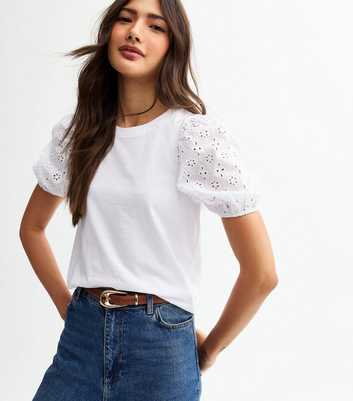 White Broderie Anglaise Sleeve Jersey Top
