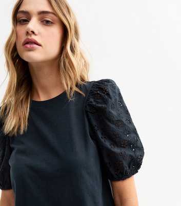 Navy Broderie Anglaise Sleeve Jersey Top