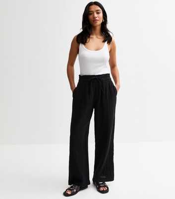 Petite Black Drawstring Waist Wide Leg Trousers