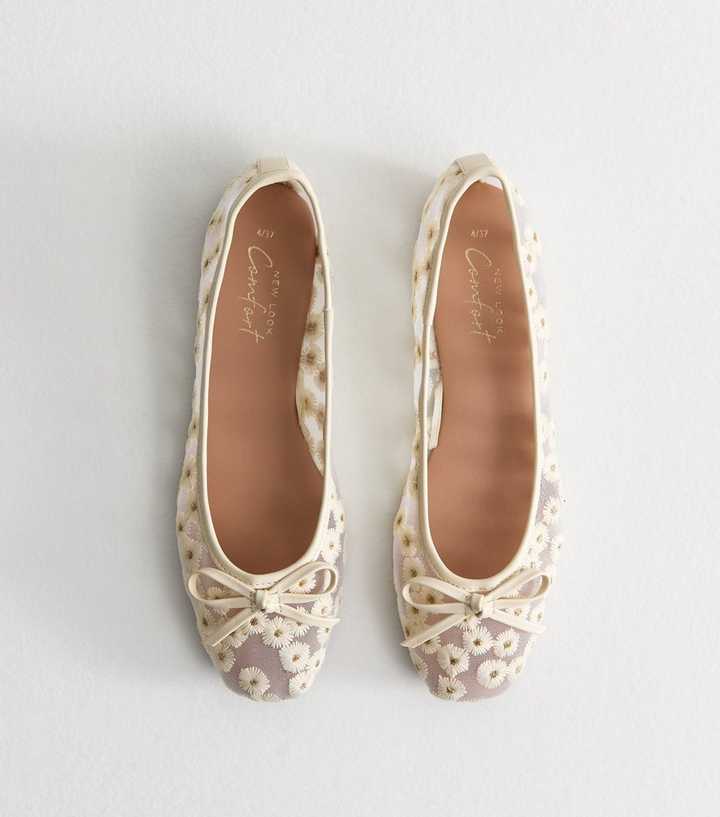 White Floral Embroidered Mesh Ballet Flats