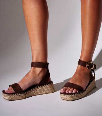 South Beach Dark Brown Faux Suede Espadrille Wedge Sandals