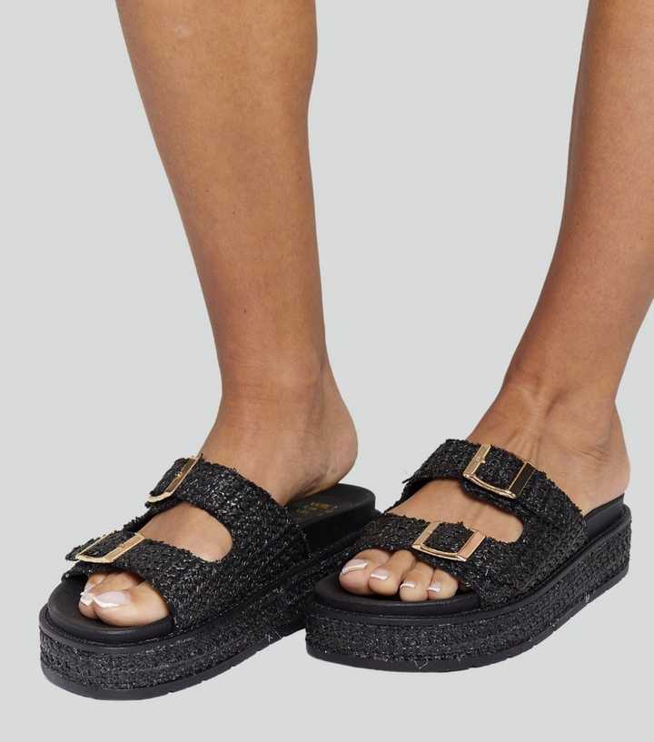 South Beach Black Buckle Platform Wedge Sandals