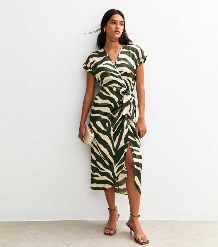 Green Zebra Print Wrap Midi Dress