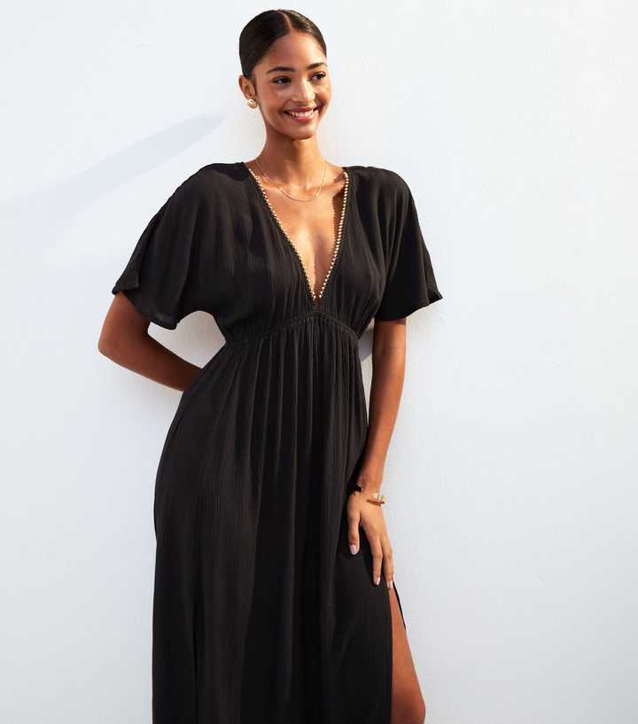 Black Bead Trim Short Sleeve Maxi Dress