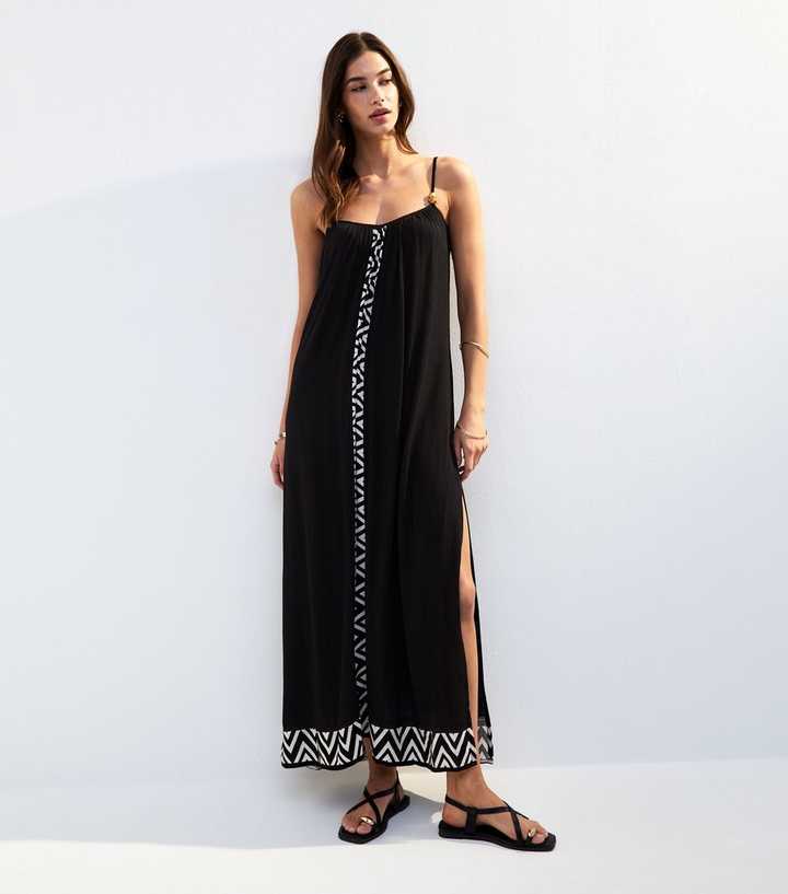 Black Textured Graphic Trim Cover Up Maxi Dress
