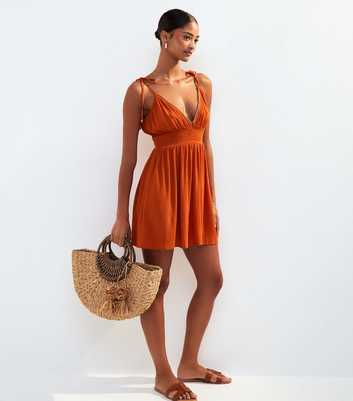 Orange Tie Strap Bead Trim Mini Cover Up Dress