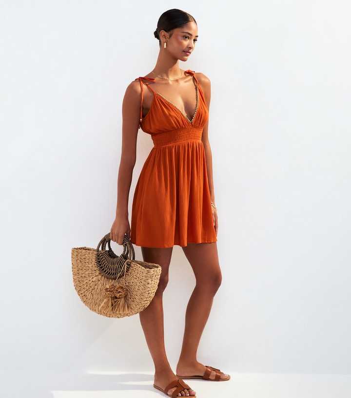 Orange Tie Strap Bead Trim Mini Cover Up Dress