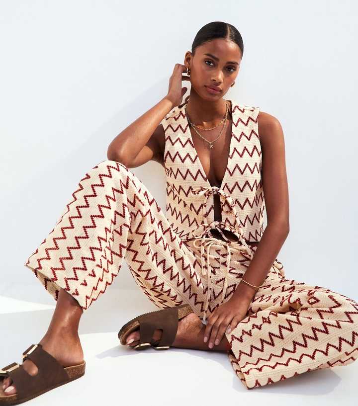 Cream Textured Zig Zag Beach Trousers