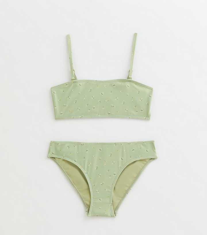 Girls Green Ditsy Print Bandeau Top Bikini Set