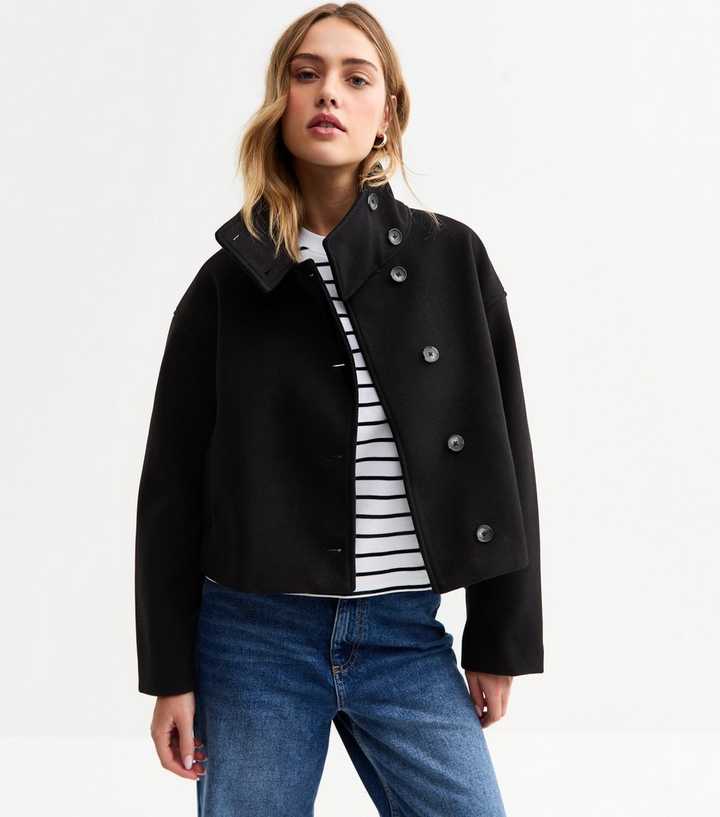 Black High Neck Cropped Pea Coat