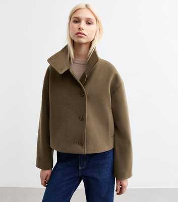 Brown High Neck Cropped Pea Coat