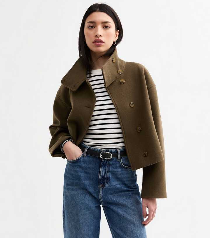 Brown High Neck Cropped Pea Coat
