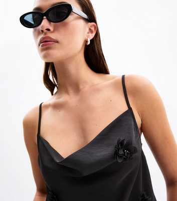 Black Satin Floral Corsage Cowl Neck Cami Top