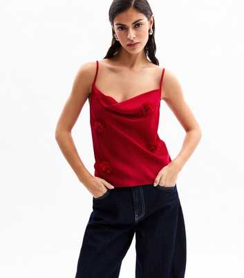 Red Satin Floral Corsage Cowl Neck Cami Top