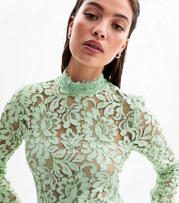 Light Green Lace High Neck Long Sleeve Mini Dress | New Look
