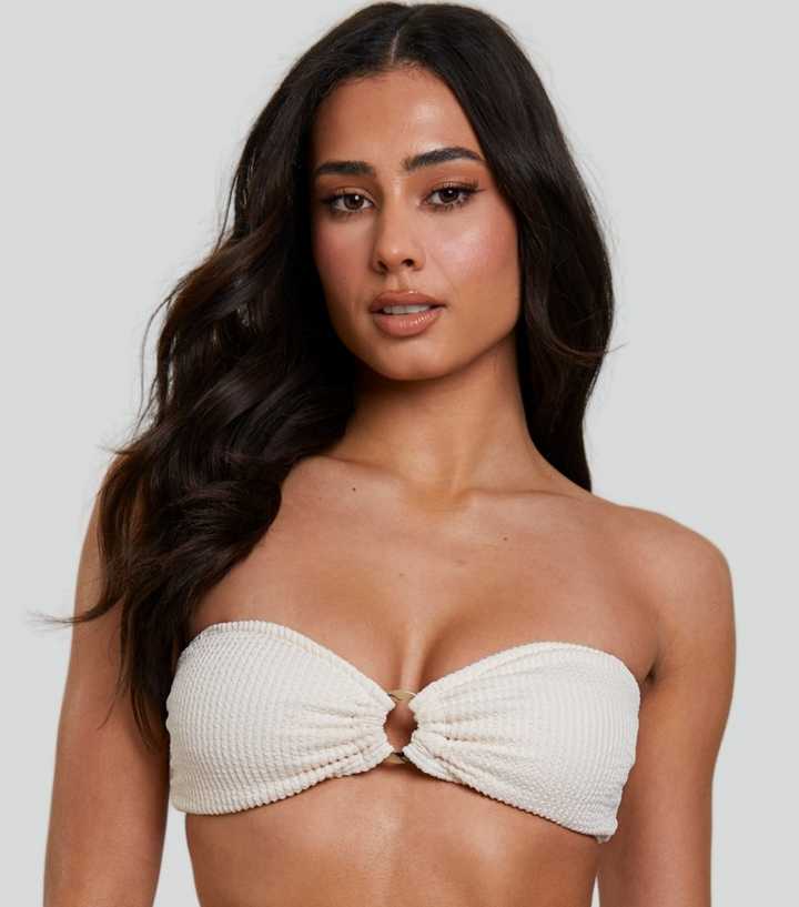 South Beach Cream Crinkle Ring Detail Bandeau Bikini With Removable Straps