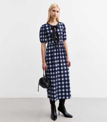 Navy Checked Tie Neck Midi Dress