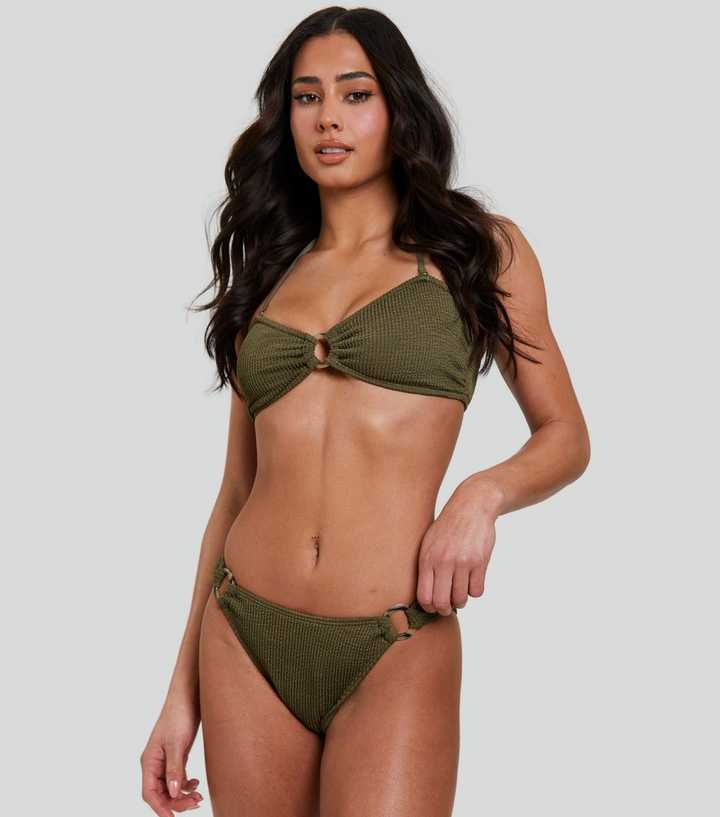 South Beach Dark Khaki Crinkle Texture Ring Detail Low Rise Swim Briefs