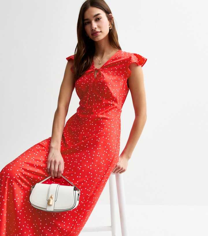 Red Polka Dot Flutter Sleeve Midi Dress