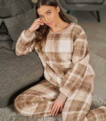 Loungeable Brown Check Sherpa Lounge Set