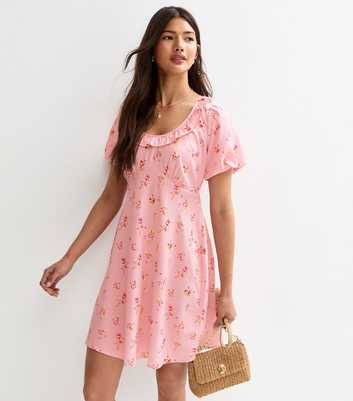 Pink Floral Print Frilly Trim Mini Dress