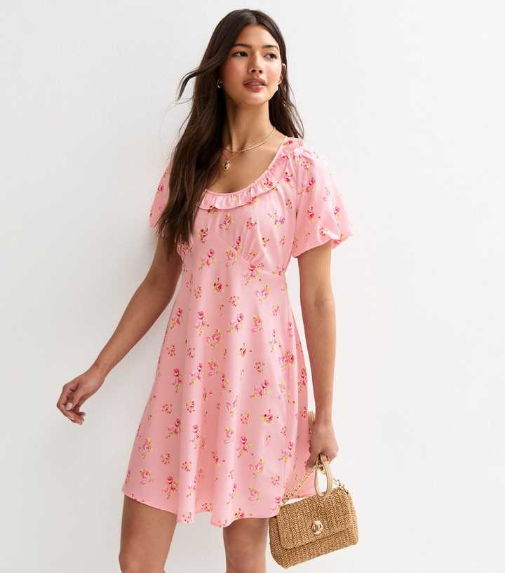 Pink Floral Print Frilly Trim Mini Dress