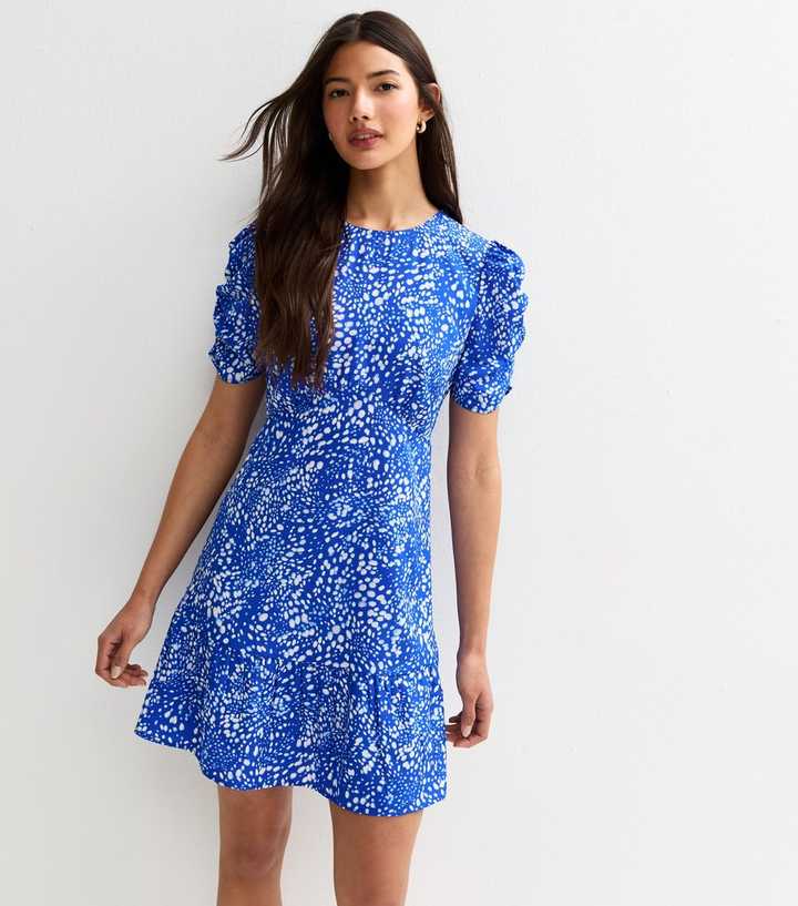 Blue Pattern Print Tiered Hem Mini Dress