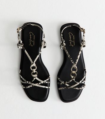 Cream Snakeskin Print Multi Strap Faux Leather Flat Sandals