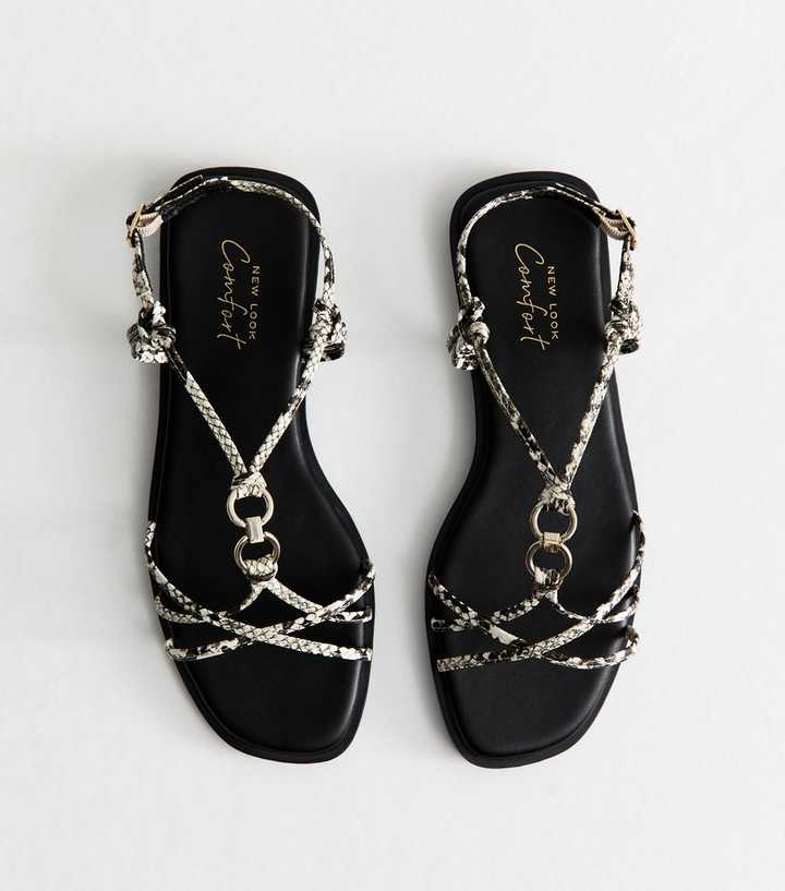 Cream Snakeskin Print Multi Strap Faux Leather Flat Sandals