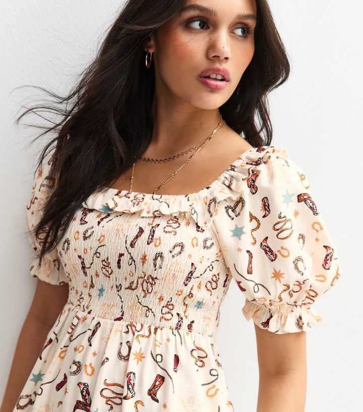 Cream Cowgirl Print Shirred Midi Dress | New Look