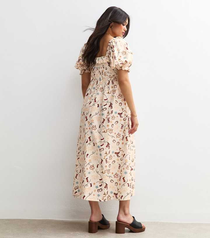 Cream Cowgirl Print Shirred Midi Dress | New Look