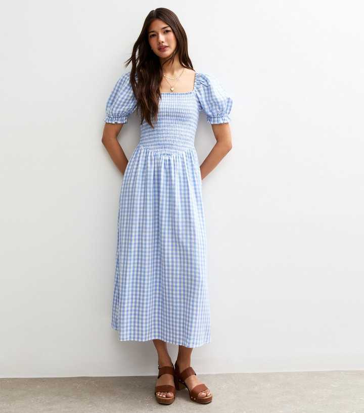 Blue Gingham Print Shirred Top V Waist Midi Dress