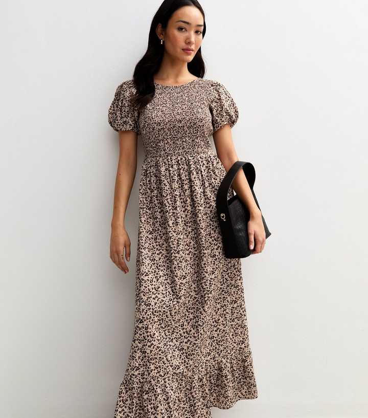 Brown Leopard Print Tiered Hem Midi Dress