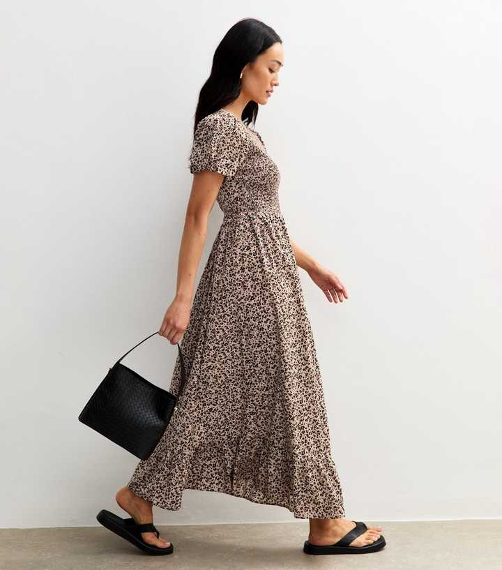 Brown Leopard Print Tiered Hem Midi Dress