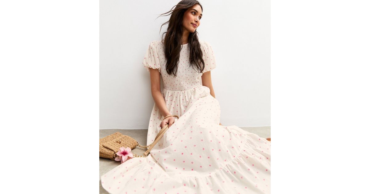 Floral Puff Sleeve Cut-Out Midi Dress - White