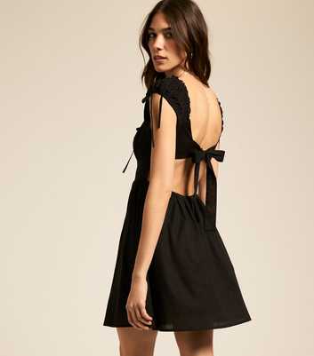 Black Bow Tie Back Milkmaid Mini Dress