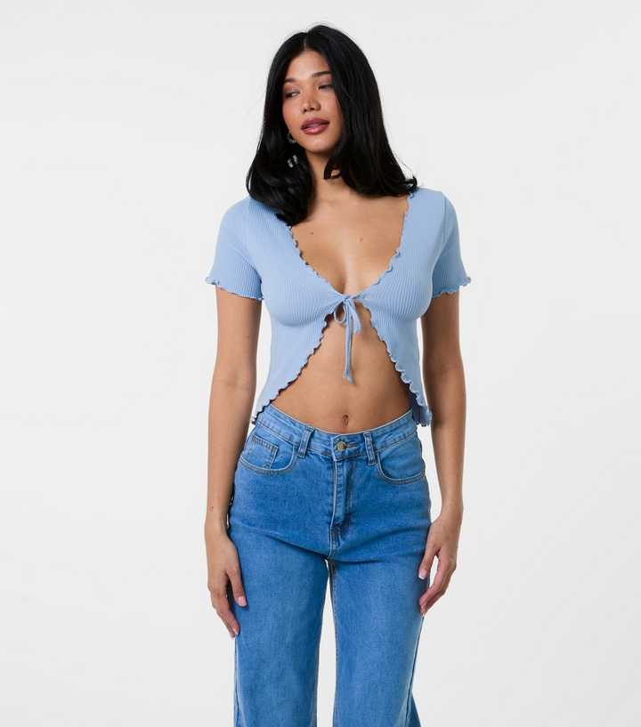 Pink Vanilla Blue Ribbed Lettuce Trim Tie Front Top