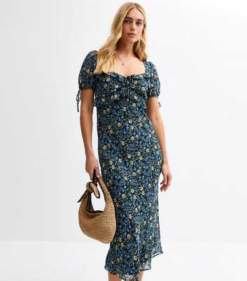Blue Floral Print Tie Sleeve Chiffon Midi Dress