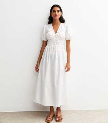 White V Neck Shirred Bodice Bow Front Midi Dress
