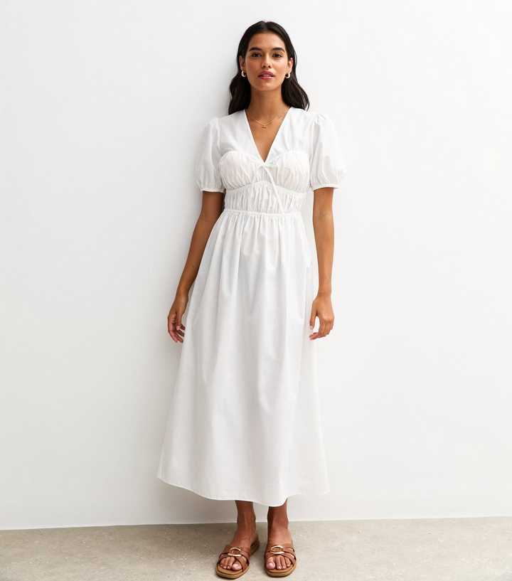 White V Neck Shirred Bodice Bow Front Midi Dress