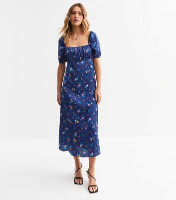 Navy Floral Print Satin Midi Dress