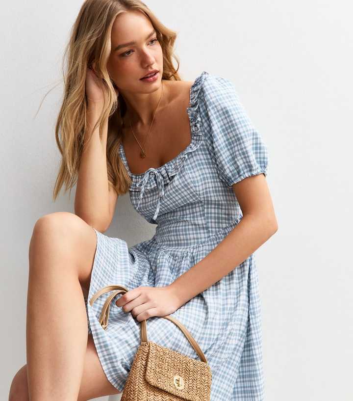 Blue Check Patterned Mini Dress