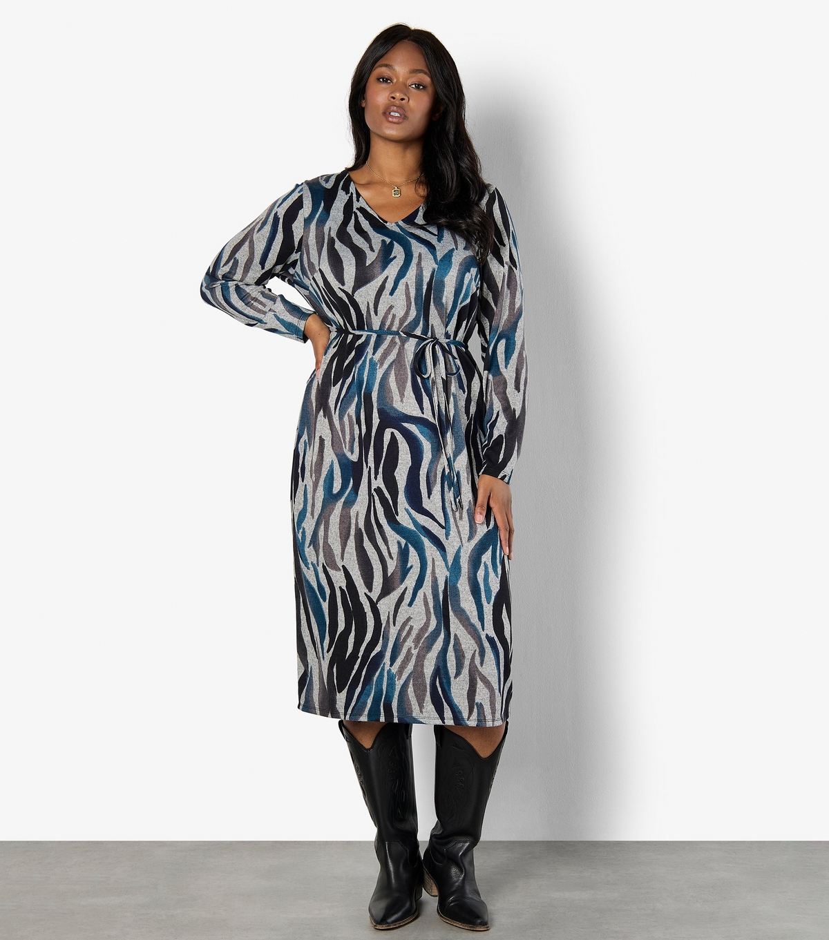 Women's Plus Size Grey Zebra Print Tie Waist Midi Dress Curves Apricot New Look