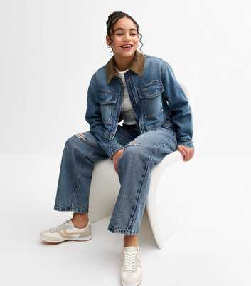 Girls Blue Contrast Collar Cropped Denim Jacket