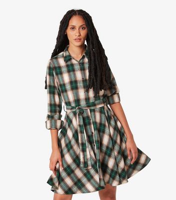 Apricot Green Check Flared Shirt Dress New Look