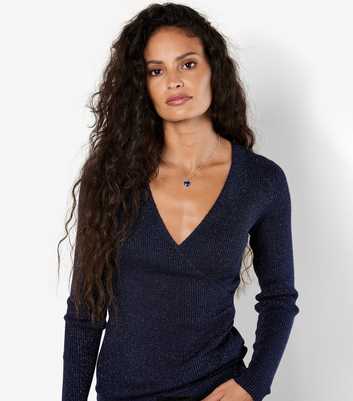 Apricot Navy Metallic Ribbed Wrap Jumper 